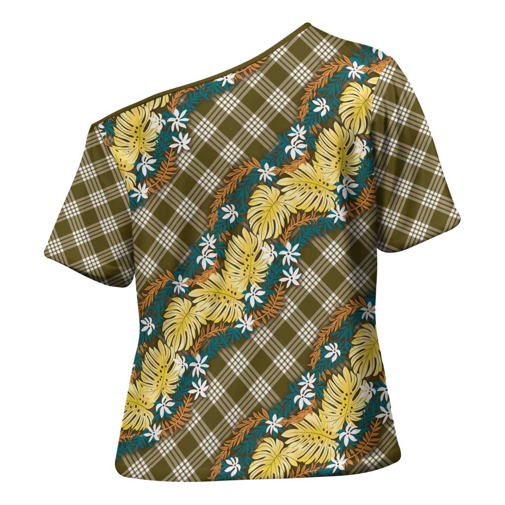 Polynesian Monstera Tiare Floral Cross Shoulder Shirt Yellow Tropical Plaid - Polynesian Pride
