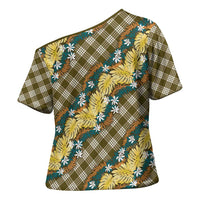 Polynesian Monstera Tiare Floral Cross Shoulder Shirt Yellow Tropical Plaid - Polynesian Pride