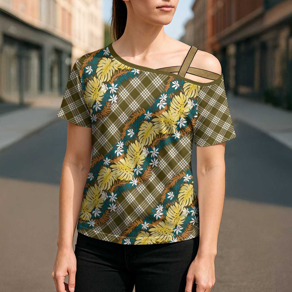 Polynesian Monstera Tiare Floral Cross Shoulder Shirt Yellow Tropical Plaid - Polynesian Pride