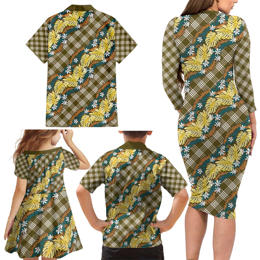 Polynesian Monstera Tiare Floral Family Matching Long Sleeve Bodycon Dress and Hawaiian Shirt Yellow Tropical Plaid - Polynesian Pride