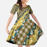 Polynesian Monstera Tiare Floral Family Matching Off The Shoulder Long Sleeve Dress and Hawaiian Shirt Yellow Tropical Plaid - Polynesian Pride