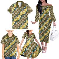 Polynesian Monstera Tiare Floral Family Matching Off The Shoulder Long Sleeve Dress and Hawaiian Shirt Yellow Tropical Plaid - Polynesian Pride