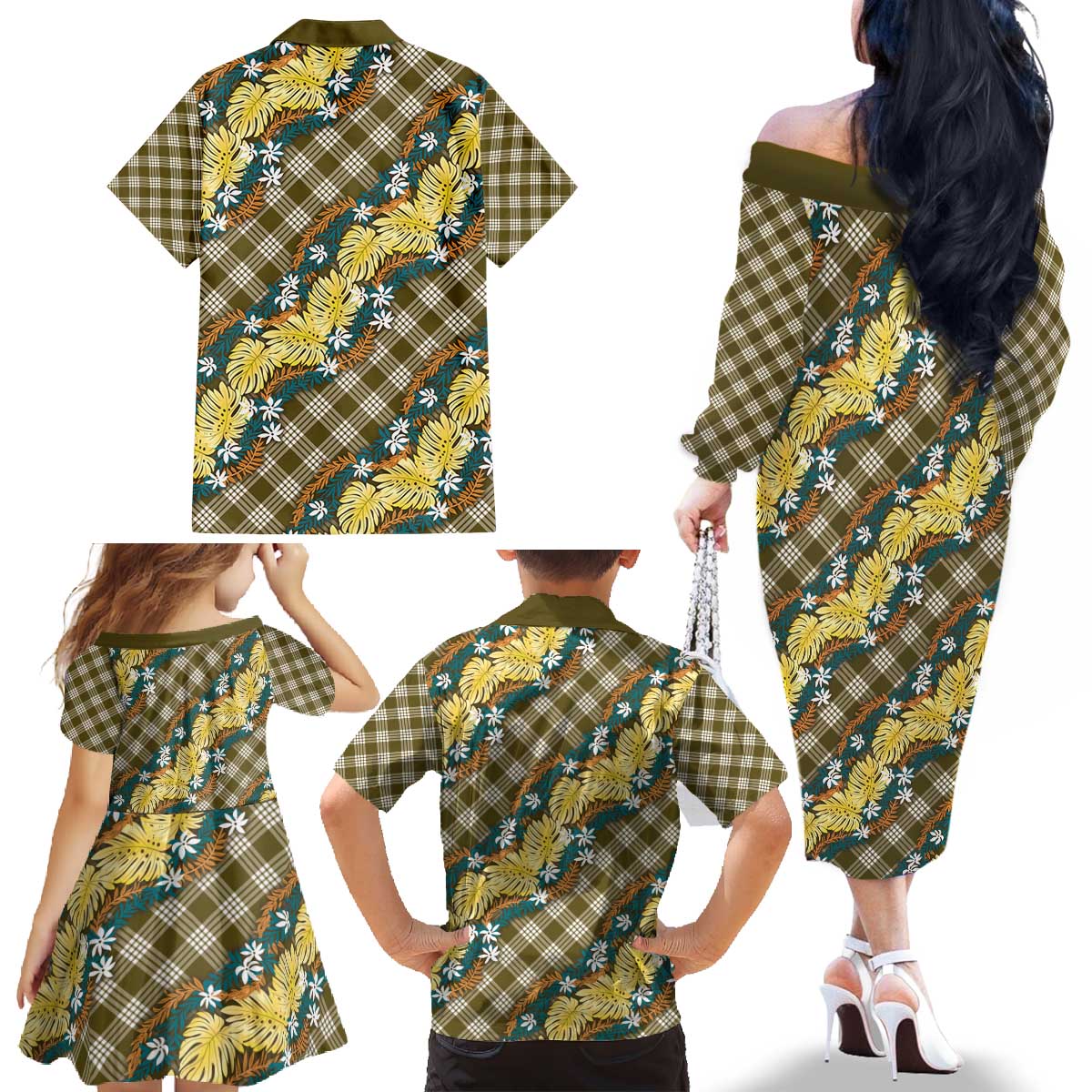 Polynesian Monstera Tiare Floral Family Matching Off The Shoulder Long Sleeve Dress and Hawaiian Shirt Yellow Tropical Plaid - Polynesian Pride