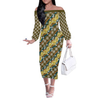 Polynesian Monstera Tiare Floral Family Matching Off The Shoulder Long Sleeve Dress and Hawaiian Shirt Yellow Tropical Plaid - Polynesian Pride