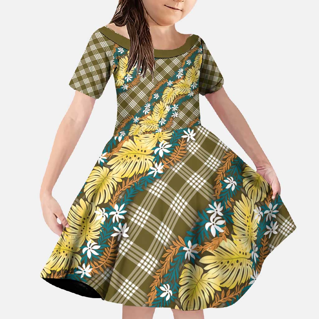 Polynesian Monstera Tiare Floral Family Matching Off Shoulder Maxi Dress and Hawaiian Shirt Yellow Tropical Plaid - Polynesian Pride