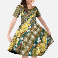 Polynesian Monstera Tiare Floral Family Matching Off Shoulder Maxi Dress and Hawaiian Shirt Yellow Tropical Plaid - Polynesian Pride