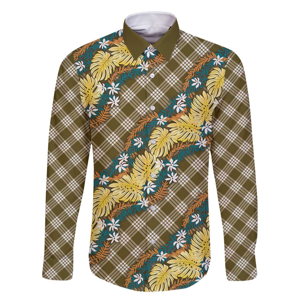 Polynesian Monstera Tiare Floral Family Matching Off Shoulder Maxi Dress and Hawaiian Shirt Yellow Tropical Plaid - Polynesian Pride