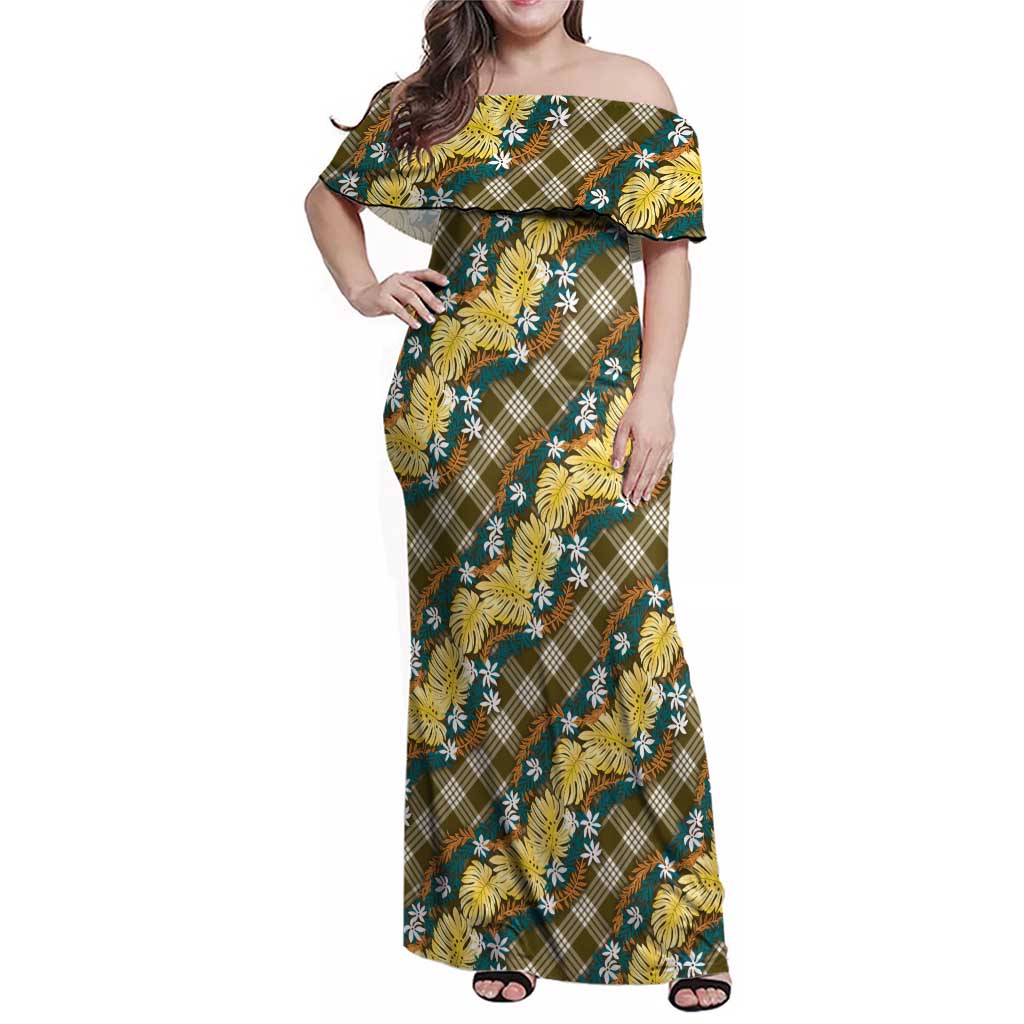 Polynesian Monstera Tiare Floral Family Matching Off Shoulder Maxi Dress and Hawaiian Shirt Yellow Tropical Plaid - Polynesian Pride