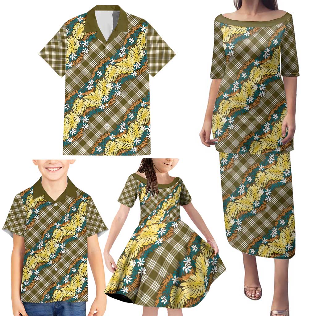 Polynesian Monstera Tiare Floral Family Matching Puletasi and Hawaiian Shirt Yellow Tropical Plaid - Polynesian Pride