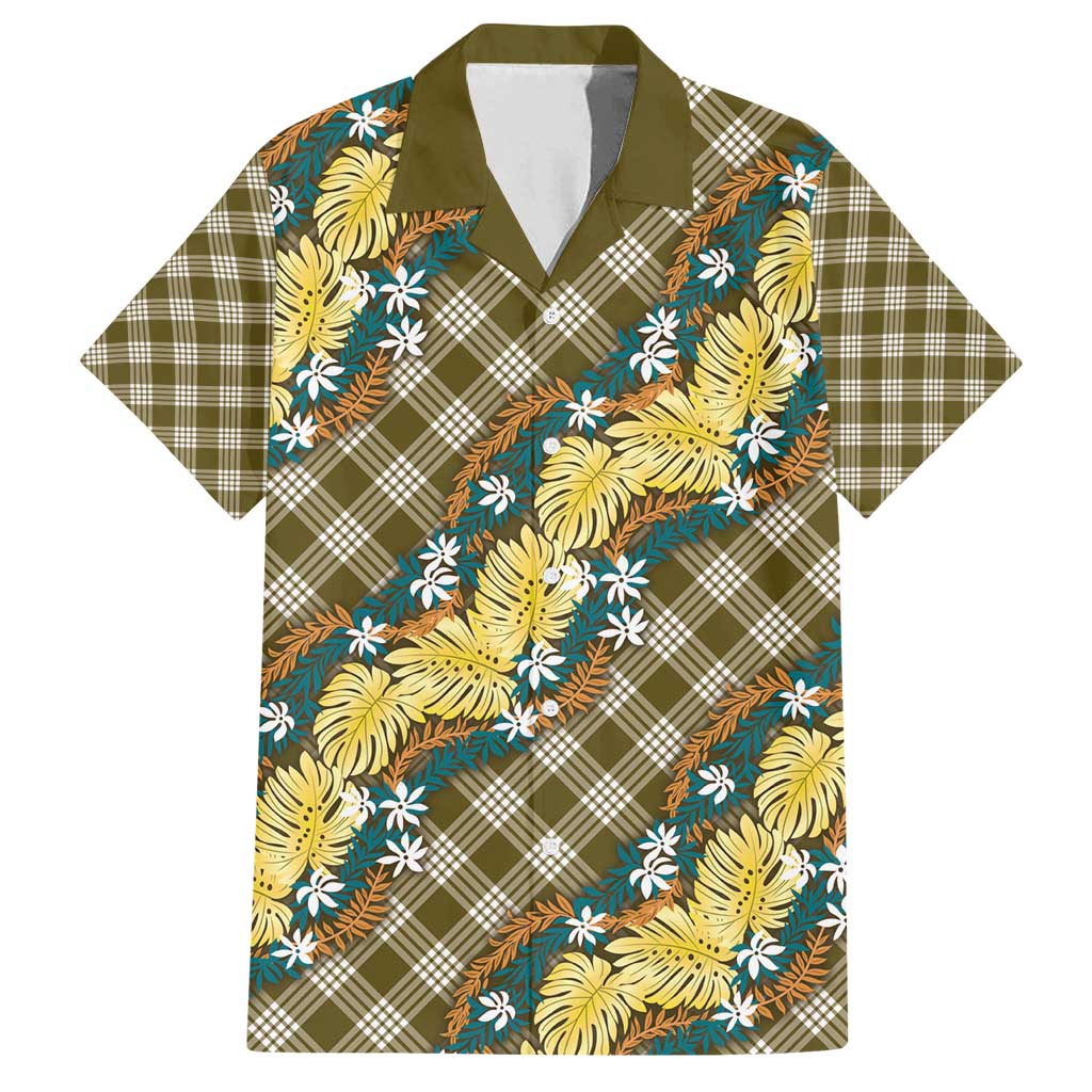 Polynesian Monstera Tiare Floral Family Matching Puletasi and Hawaiian Shirt Yellow Tropical Plaid - Polynesian Pride