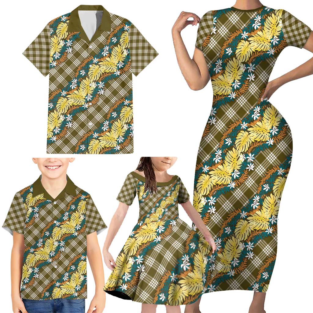 Polynesian Monstera Tiare Floral Family Matching Short Sleeve Bodycon Dress and Hawaiian Shirt Yellow Tropical Plaid - Polynesian Pride