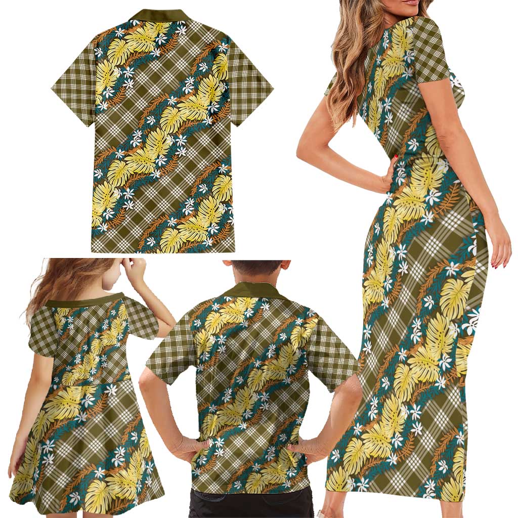 Polynesian Monstera Tiare Floral Family Matching Short Sleeve Bodycon Dress and Hawaiian Shirt Yellow Tropical Plaid - Polynesian Pride