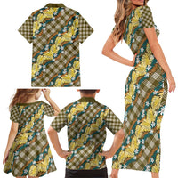 Polynesian Monstera Tiare Floral Family Matching Short Sleeve Bodycon Dress and Hawaiian Shirt Yellow Tropical Plaid - Polynesian Pride
