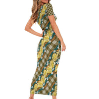 Polynesian Monstera Tiare Floral Family Matching Short Sleeve Bodycon Dress and Hawaiian Shirt Yellow Tropical Plaid - Polynesian Pride