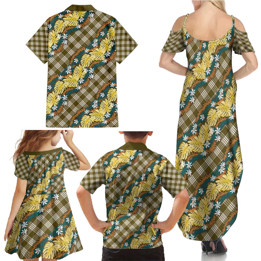 Polynesian Monstera Tiare Floral Family Matching Summer Maxi Dress and Hawaiian Shirt Yellow Tropical Plaid - Polynesian Pride