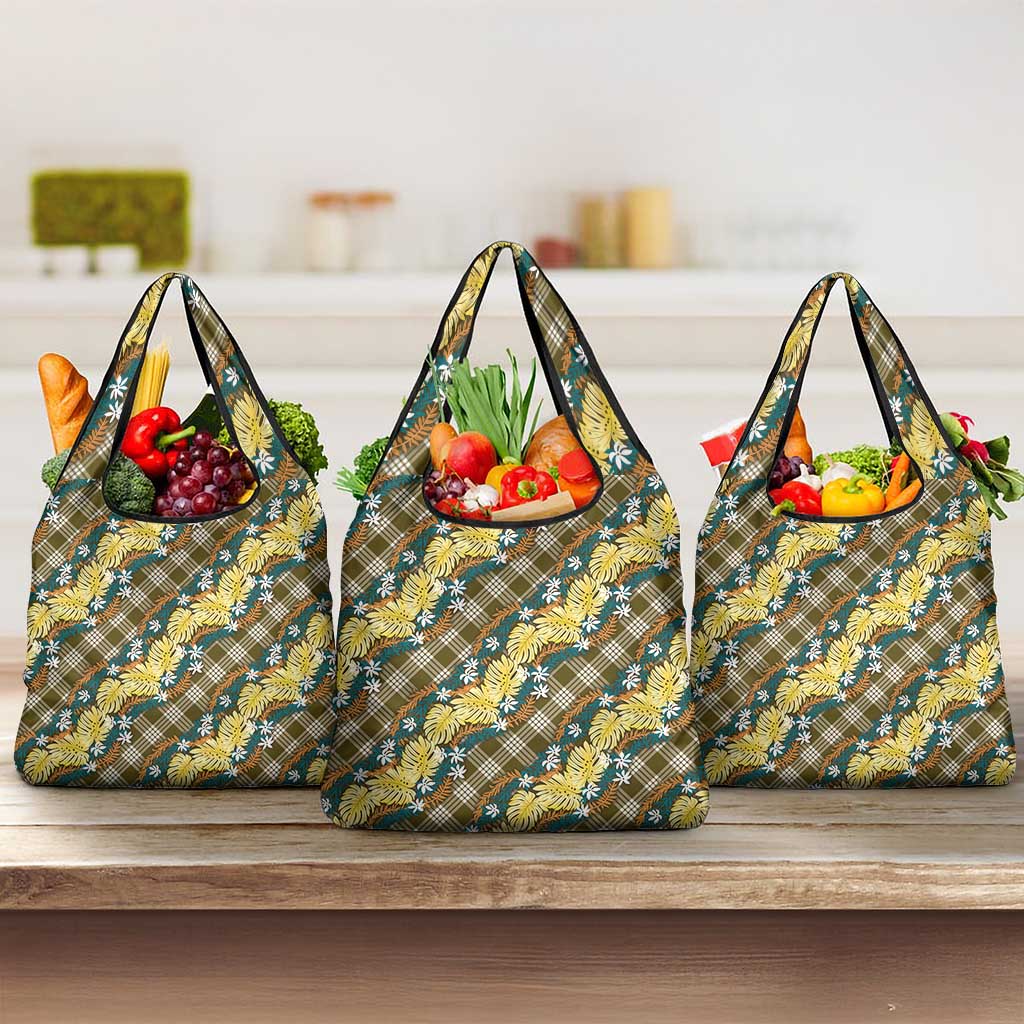 Polynesian Monstera Tiare Floral Grocery Bag Yellow Tropical Plaid - Polynesian Pride