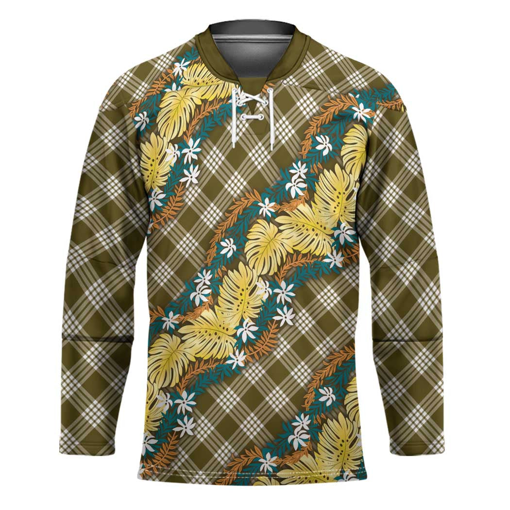 Polynesian Monstera Tiare Floral Hockey Jersey Yellow Tropical Plaid - Polynesian Pride