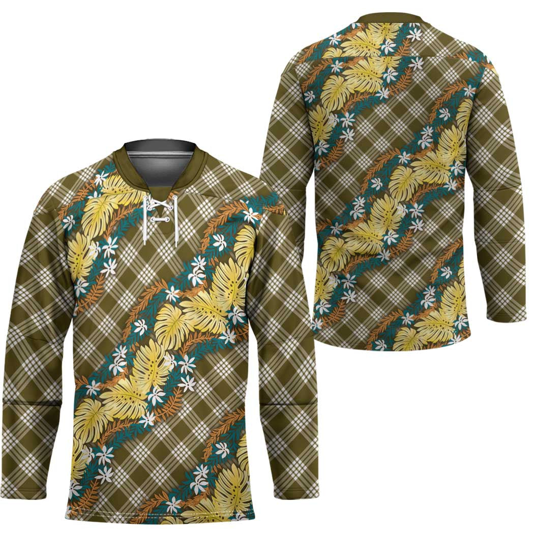 Polynesian Monstera Tiare Floral Hockey Jersey Yellow Tropical Plaid - Polynesian Pride
