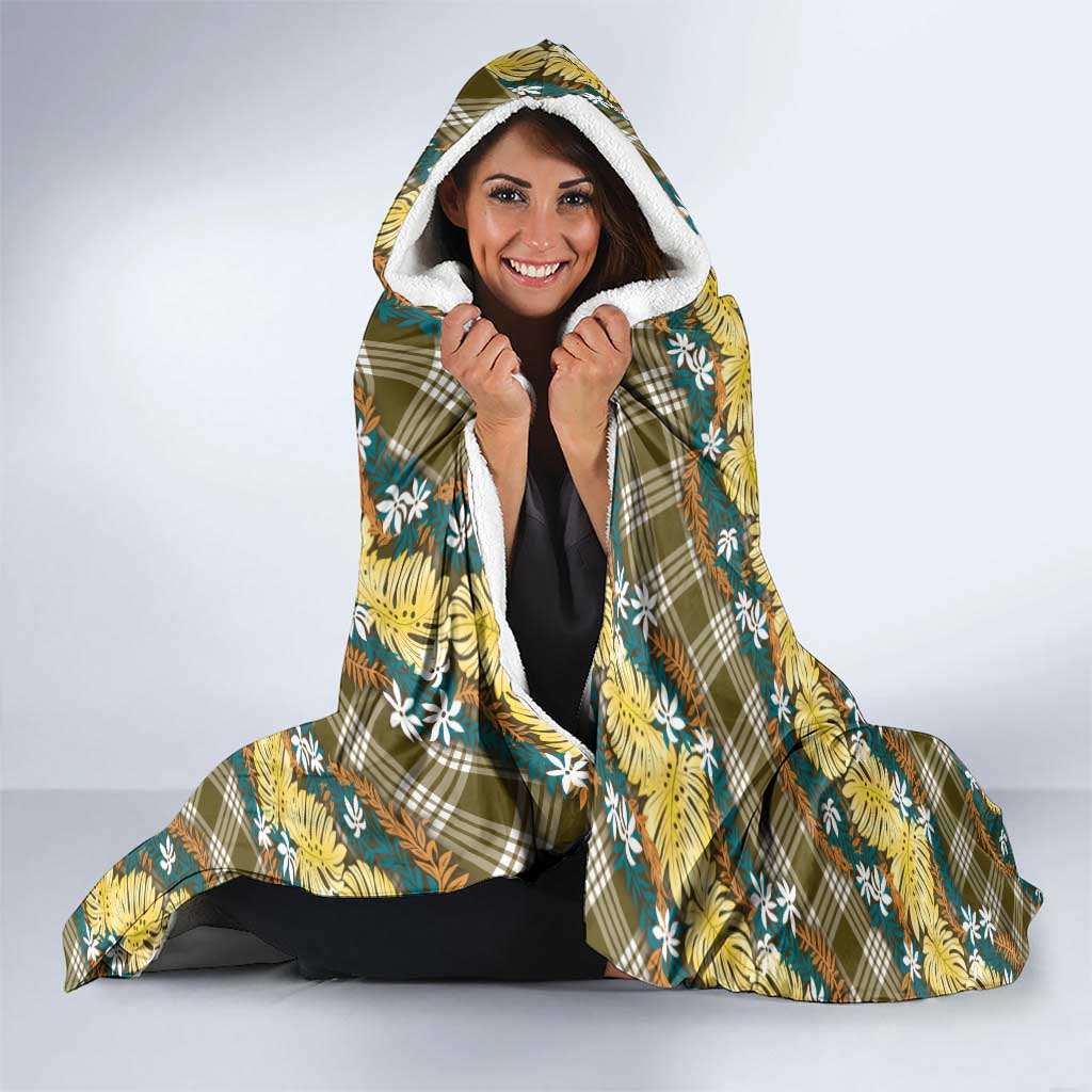 Polynesian Monstera Tiare Floral Hooded Blanket Yellow Tropical Plaid - Polynesian Pride