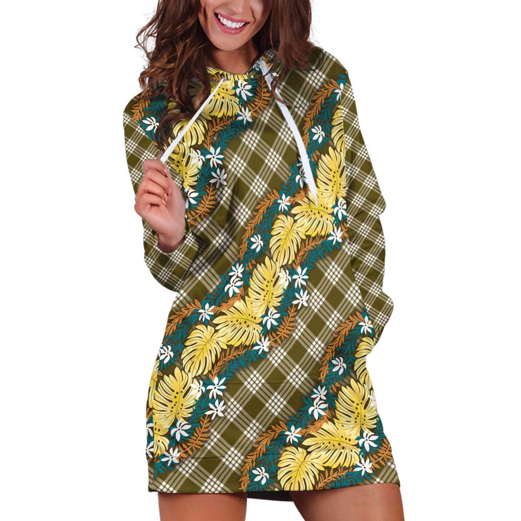 Polynesian Monstera Tiare Floral Hoodie Dress Yellow Tropical Plaid - Polynesian Pride