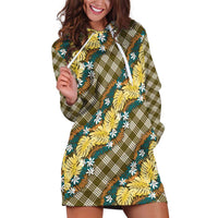 Polynesian Monstera Tiare Floral Hoodie Dress Yellow Tropical Plaid - Polynesian Pride