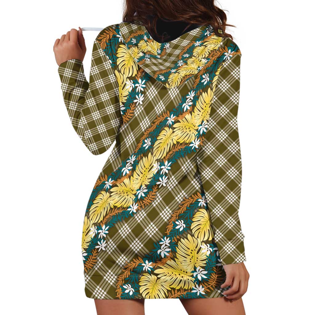 Polynesian Monstera Tiare Floral Hoodie Dress Yellow Tropical Plaid - Polynesian Pride
