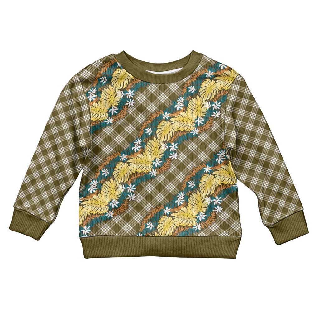 Polynesian Monstera Tiare Floral Kid Ugly Christmas Sweater Yellow Tropical Plaid - Polynesian Pride