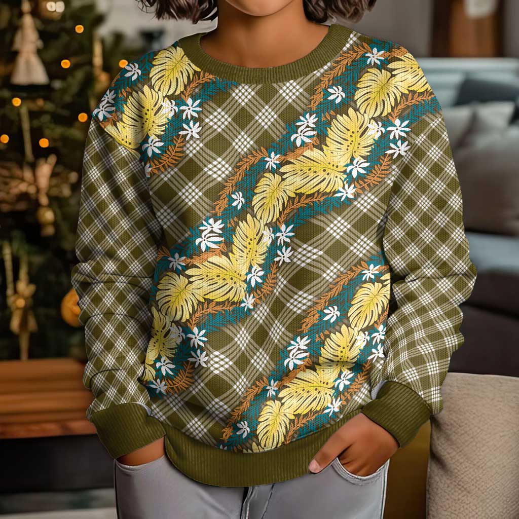 Polynesian Monstera Tiare Floral Kid Ugly Christmas Sweater Yellow Tropical Plaid - Polynesian Pride