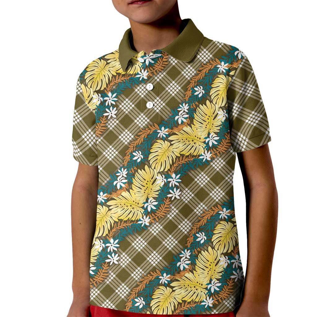 Polynesian Monstera Tiare Floral Kid Polo Shirt Yellow Tropical Plaid - Polynesian Pride