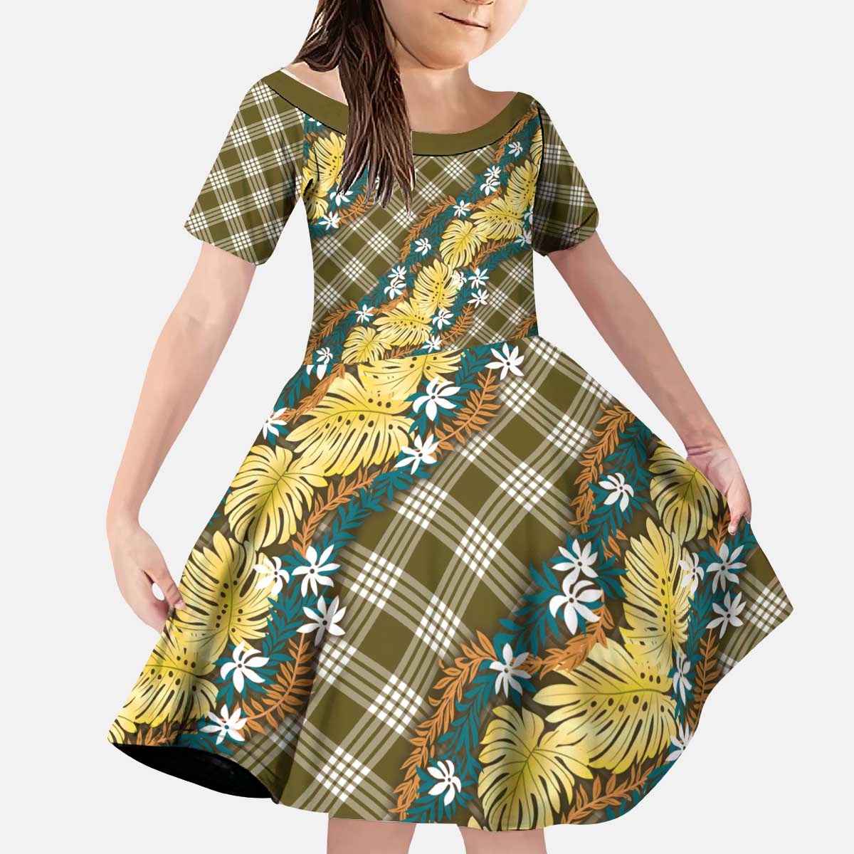 Polynesian Monstera Tiare Floral Kid Short Sleeve Dress Yellow Tropical Plaid - Polynesian Pride