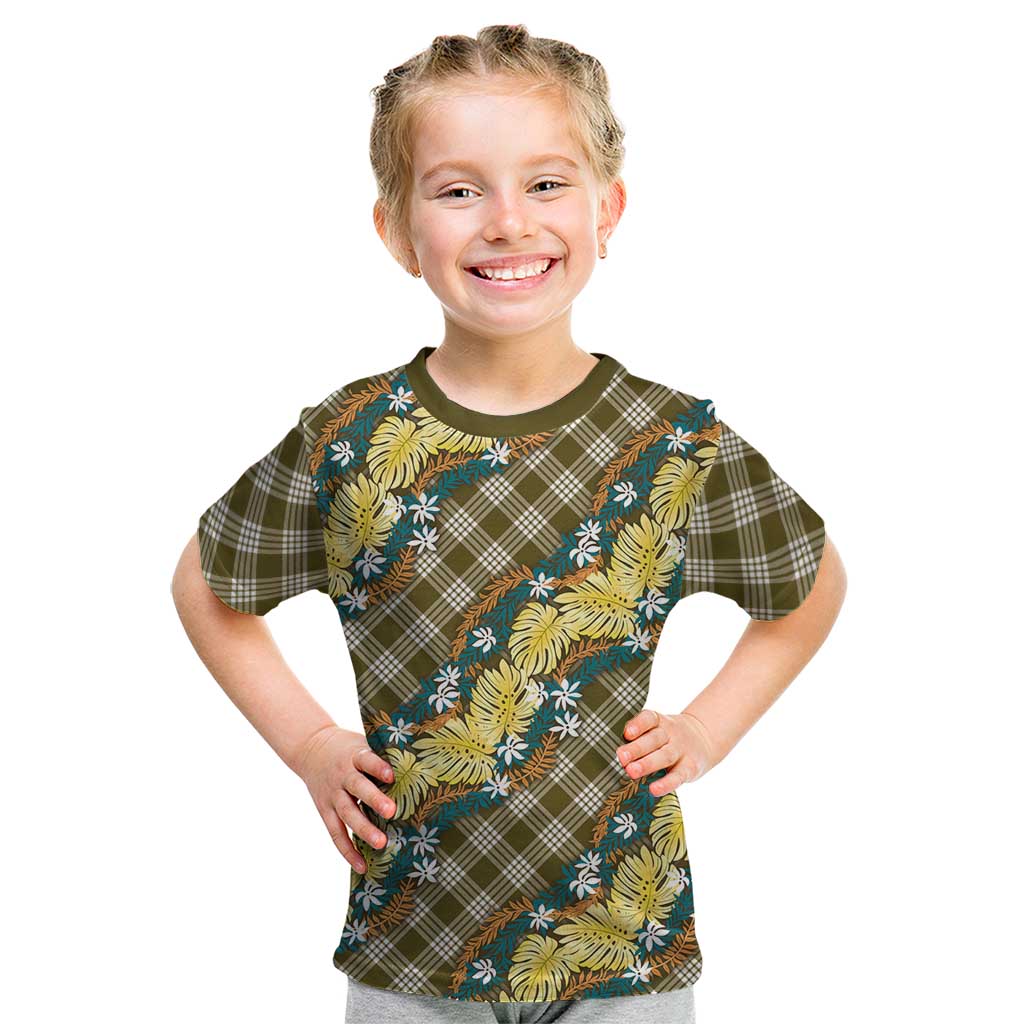 Polynesian Monstera Tiare Floral Kid T Shirt Yellow Tropical Plaid - Polynesian Pride
