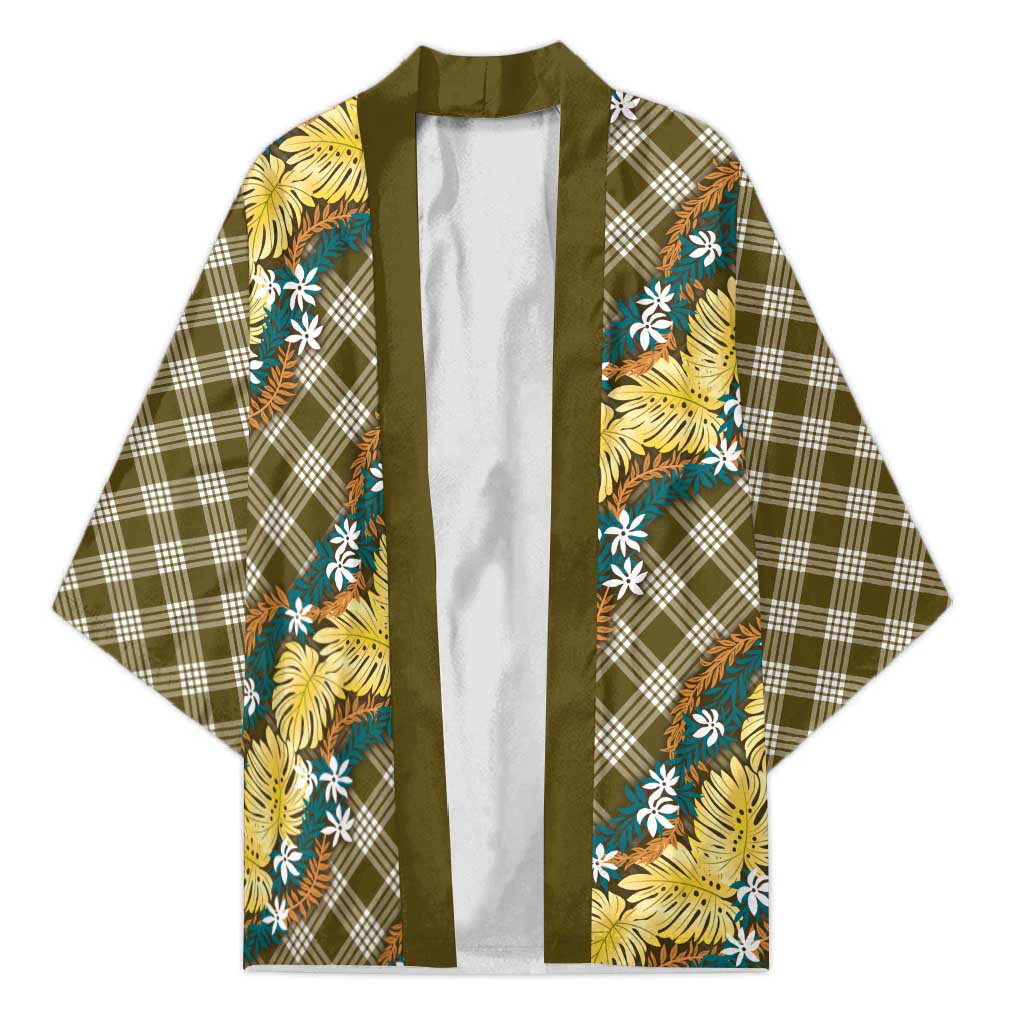 Polynesian Monstera Tiare Floral Kimono Yellow Tropical Plaid - Polynesian Pride
