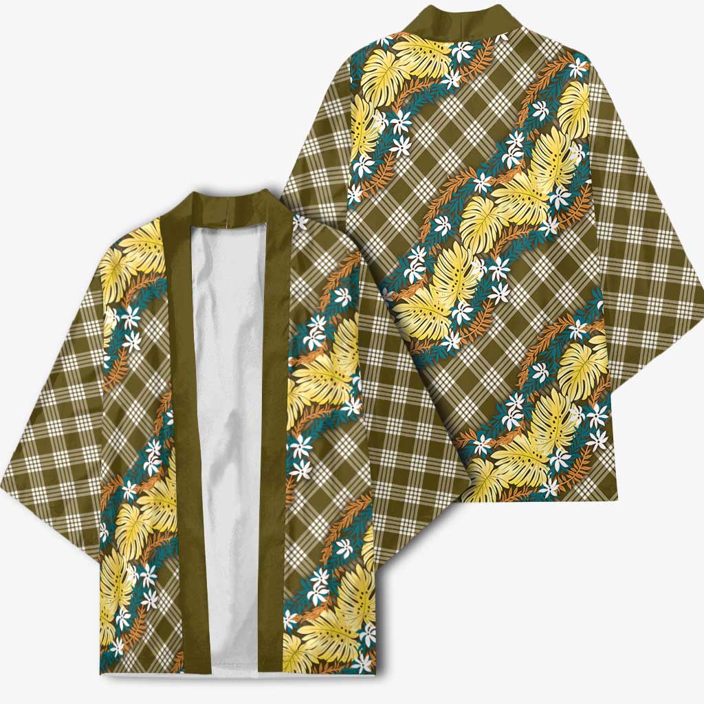 Polynesian Monstera Tiare Floral Kimono Yellow Tropical Plaid - Polynesian Pride