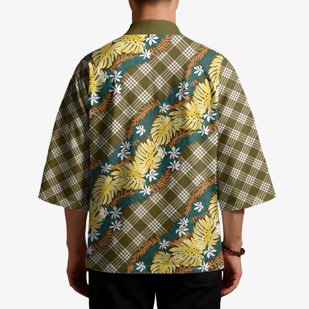 Polynesian Monstera Tiare Floral Kimono Yellow Tropical Plaid - Polynesian Pride