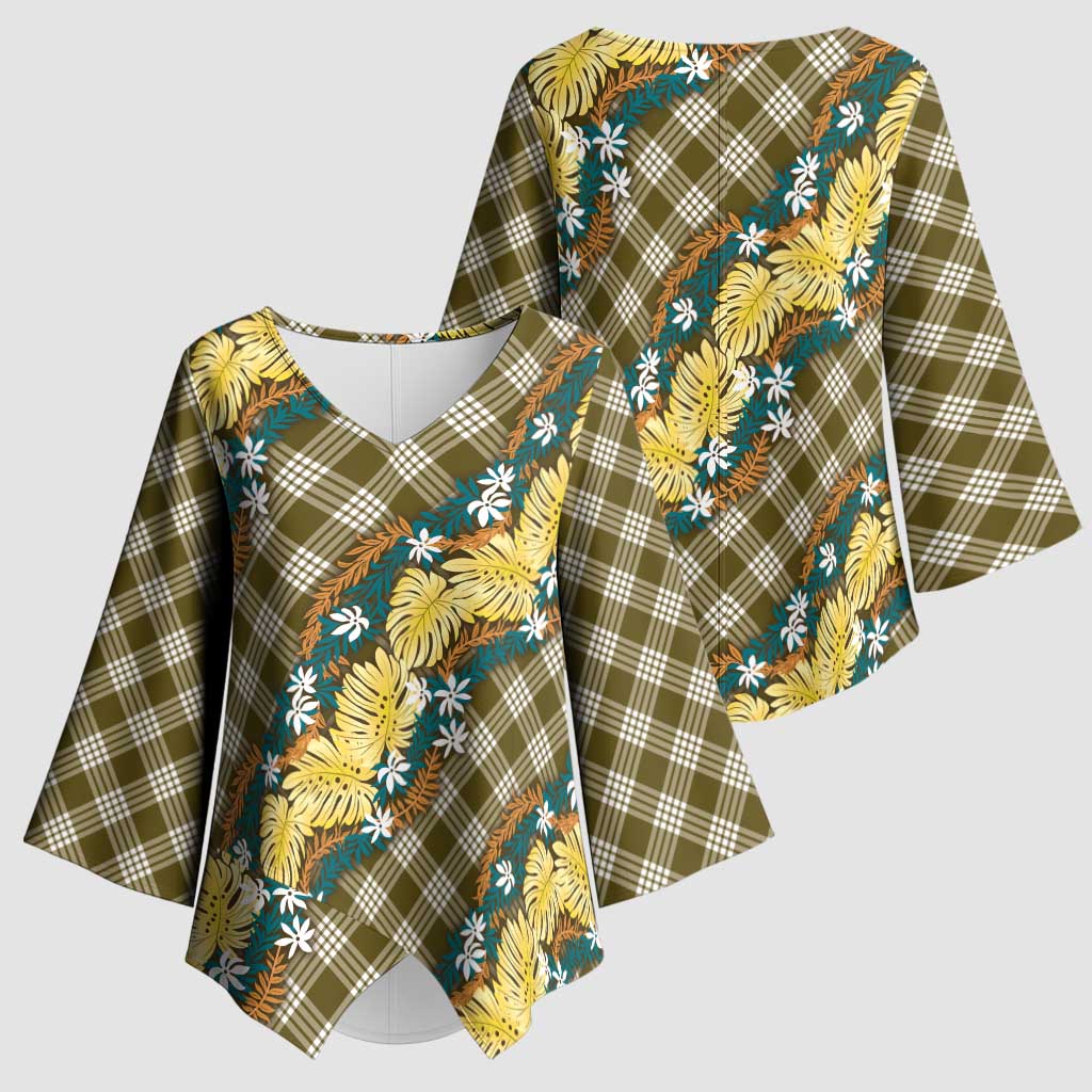 Polynesian Monstera Tiare Floral Kimono Sleeve Blouse Yellow Tropical Plaid - Polynesian Pride