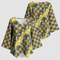 Polynesian Monstera Tiare Floral Kimono Sleeve Blouse Yellow Tropical Plaid - Polynesian Pride