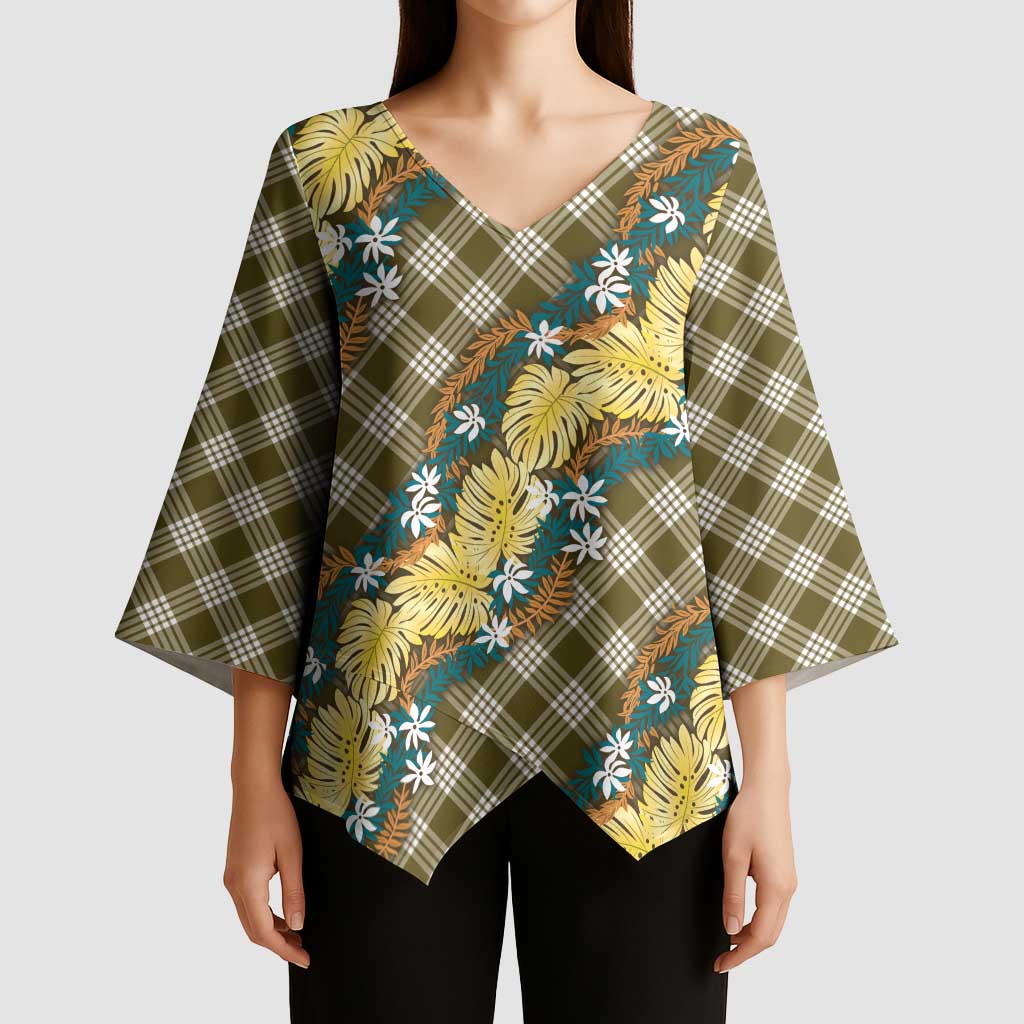 Polynesian Monstera Tiare Floral Kimono Sleeve Blouse Yellow Tropical Plaid - Polynesian Pride