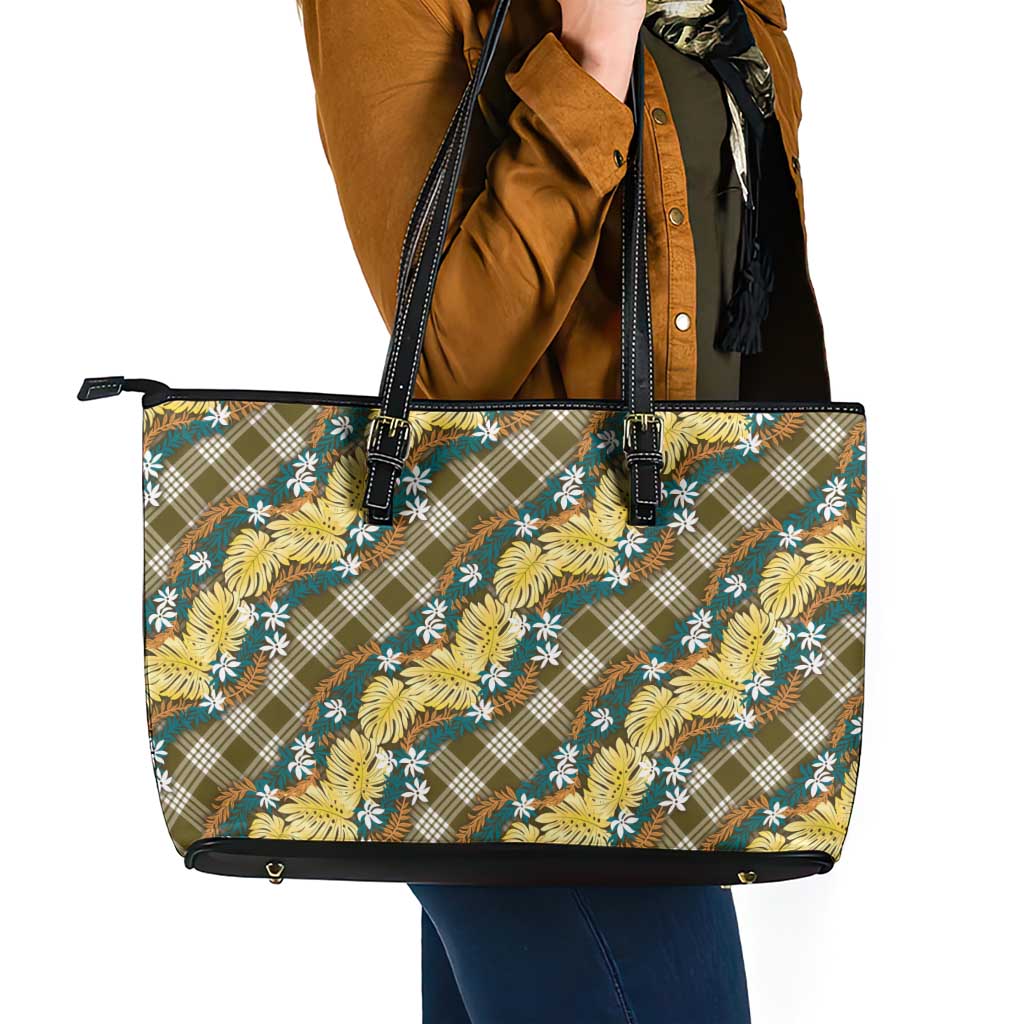 Polynesian Monstera Tiare Floral Leather Tote Bag Yellow Tropical Plaid - Polynesian Pride
