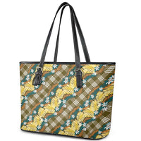 Polynesian Monstera Tiare Floral Leather Tote Bag Yellow Tropical Plaid - Polynesian Pride