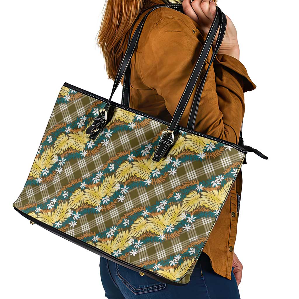 Polynesian Monstera Tiare Floral Leather Tote Bag Yellow Tropical Plaid - Polynesian Pride
