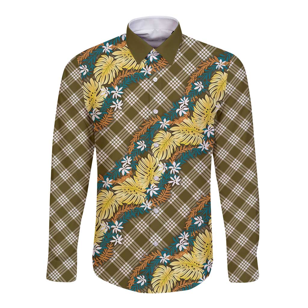 Polynesian Monstera Tiare Floral Long Sleeve Button Shirt Yellow Tropical Plaid - Polynesian Pride