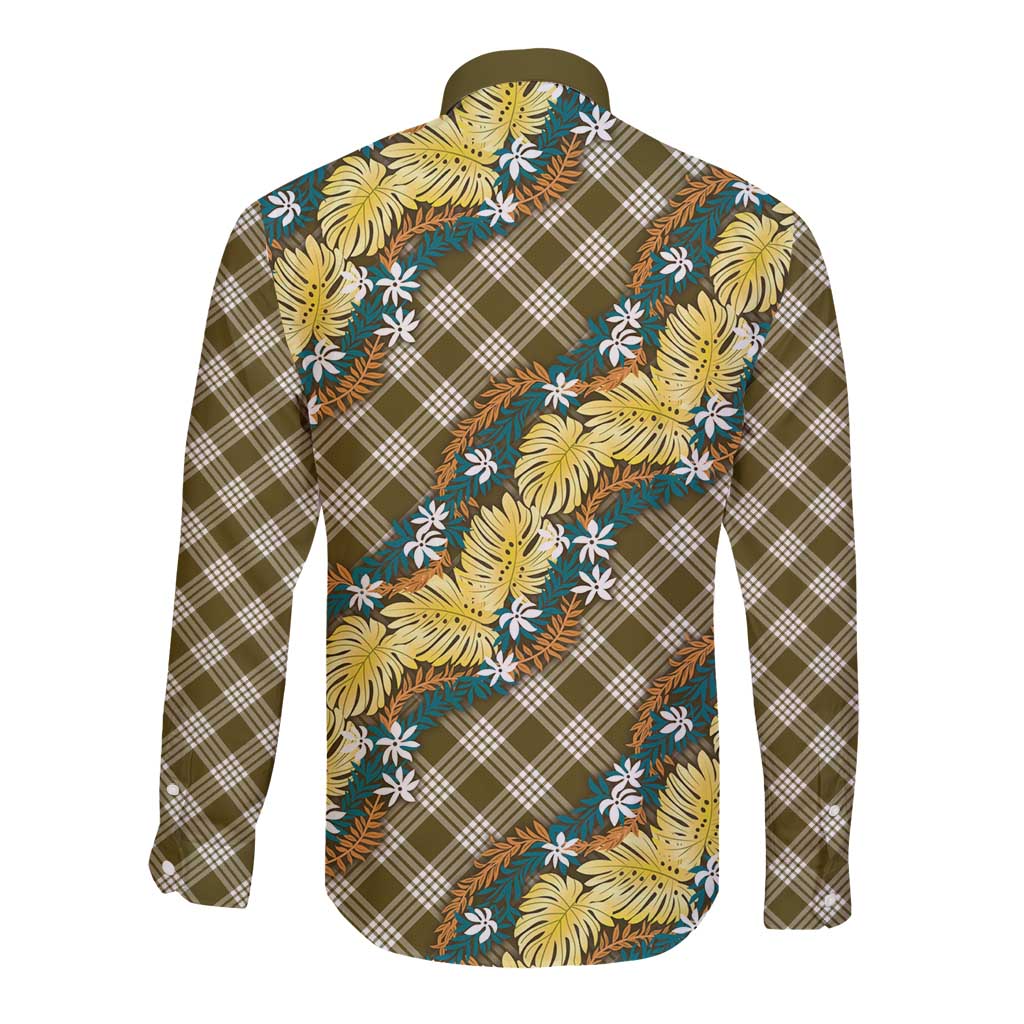 Polynesian Monstera Tiare Floral Long Sleeve Button Shirt Yellow Tropical Plaid - Polynesian Pride