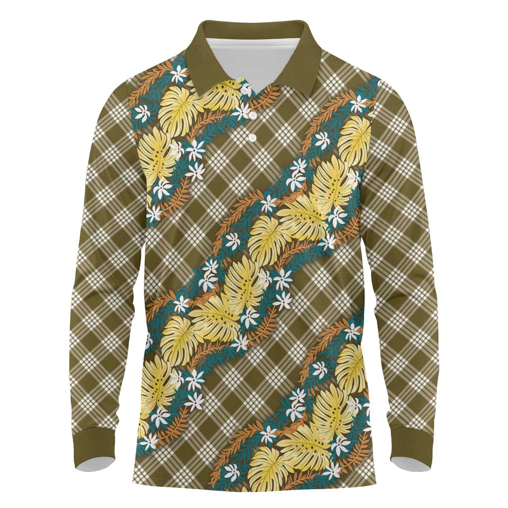 Polynesian Monstera Tiare Floral Long Sleeve Polo Shirt Yellow Tropical Plaid - Polynesian Pride