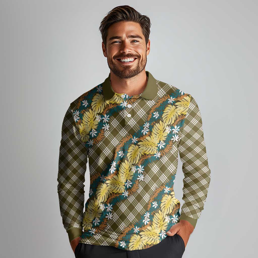 Polynesian Monstera Tiare Floral Long Sleeve Polo Shirt Yellow Tropical Plaid - Polynesian Pride