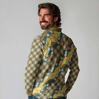 Polynesian Monstera Tiare Floral Long Sleeve Polo Shirt Yellow Tropical Plaid - Polynesian Pride