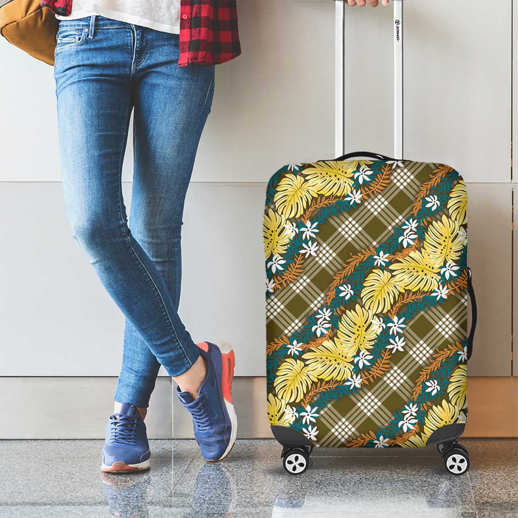 Polynesian Monstera Tiare Floral Luggage Cover Yellow Tropical Plaid - Polynesian Pride