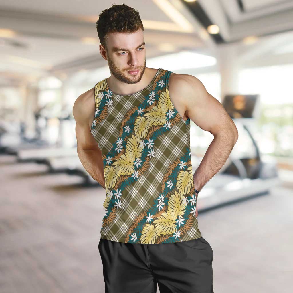 Polynesian Monstera Tiare Floral Men Tank Top Yellow Tropical Plaid - Polynesian Pride
