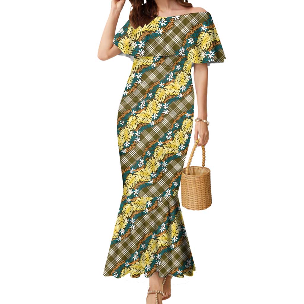 Polynesian Monstera Tiare Floral Mermaid Dress Yellow Tropical Plaid - Polynesian Pride