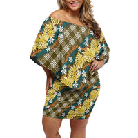 Polynesian Monstera Tiare Floral Off Shoulder Short Dress Yellow Tropical Plaid - Polynesian Pride