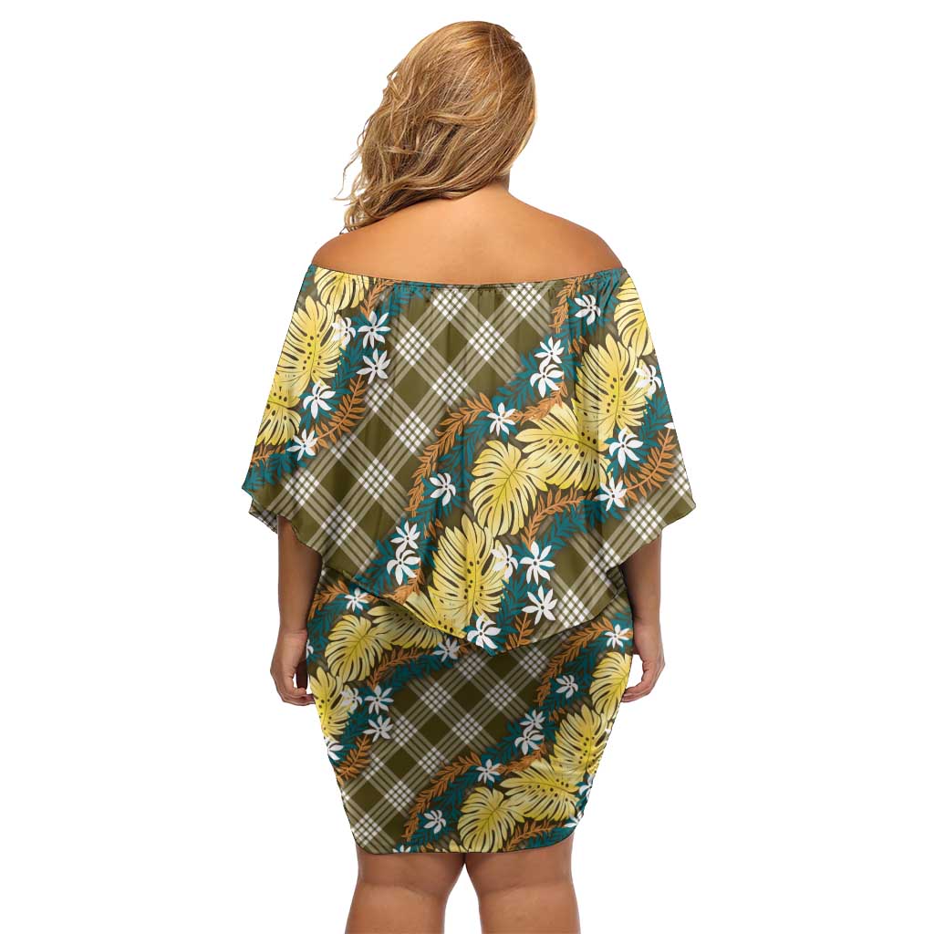 Polynesian Monstera Tiare Floral Off Shoulder Short Dress Yellow Tropical Plaid - Polynesian Pride